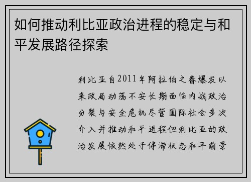 如何推动利比亚政治进程的稳定与和平发展路径探索